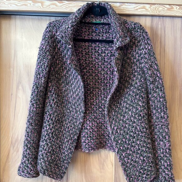 Benetton Wool Mohair Blend Sweater Open Cardigan Pink Green Black Blazer - Picture 1 of 8